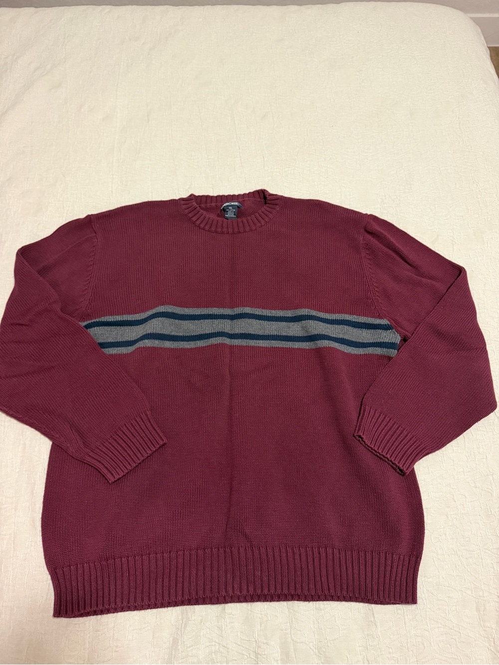 Cherokee Burgundy Crewneck Sweater with Gray and Navy Stripes